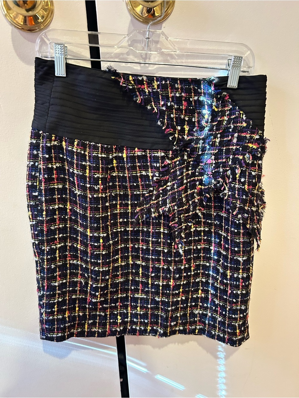 Textured Multicolor Tweed Pencil Skirt with Black Waistband